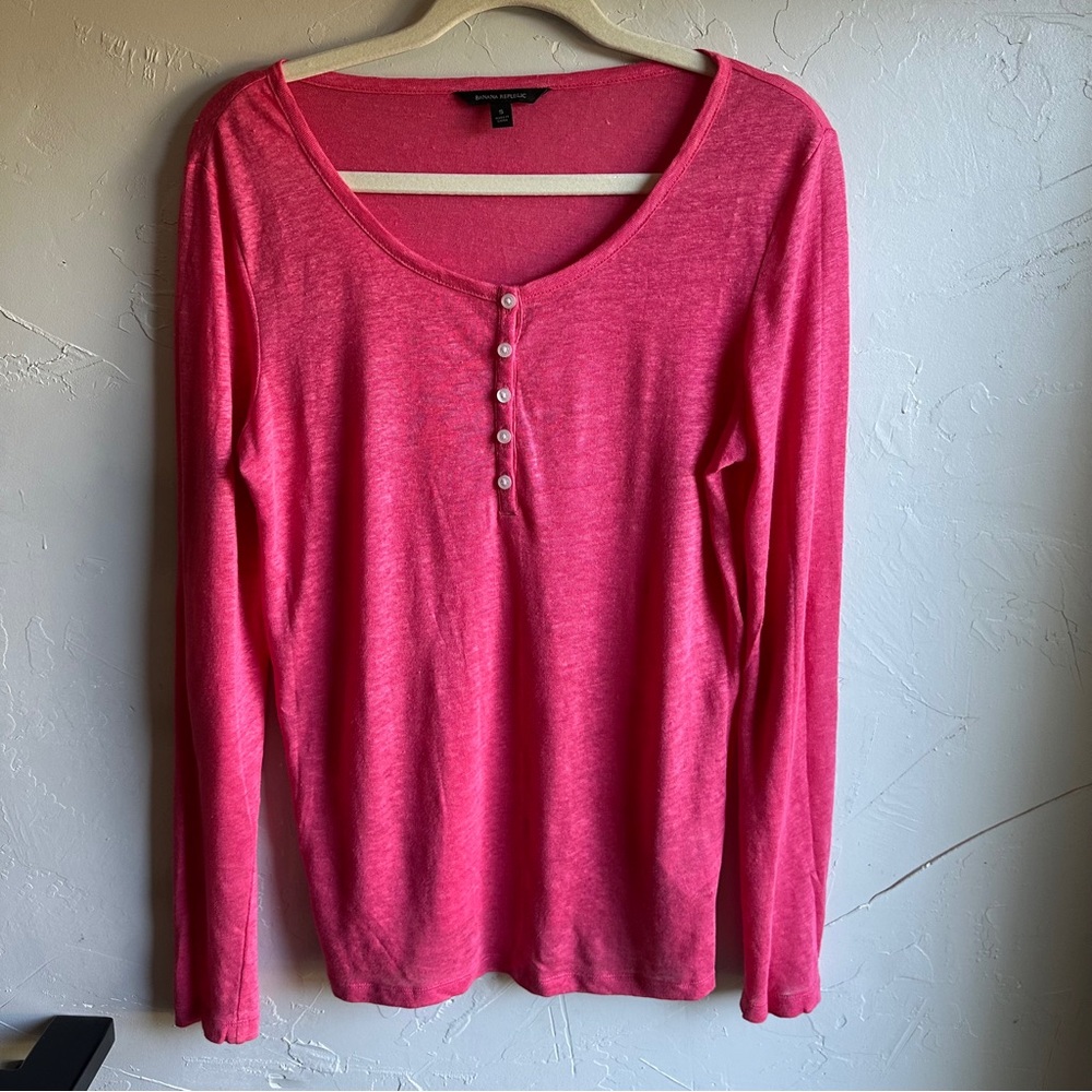 Banana Republic 100% Linen Long Sleeve Henley Shirt Bright Pink Sz S